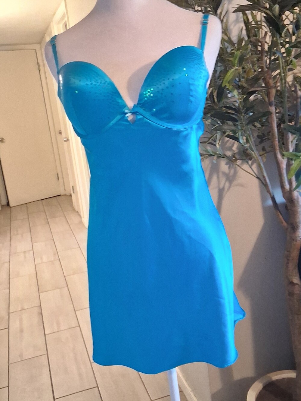 Victoria's Secret Turquoise Satin Lingerie Dress Sz34D Babydoll Fairy Padded Cup - Picture 15 of 15